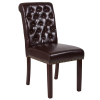 Flash Furniture BT-P-BRN-LEA-GG HERCULES Series Brown Leather Parsons Chair with Rolled Back, Accent Nail Trim and Walnut Finish 